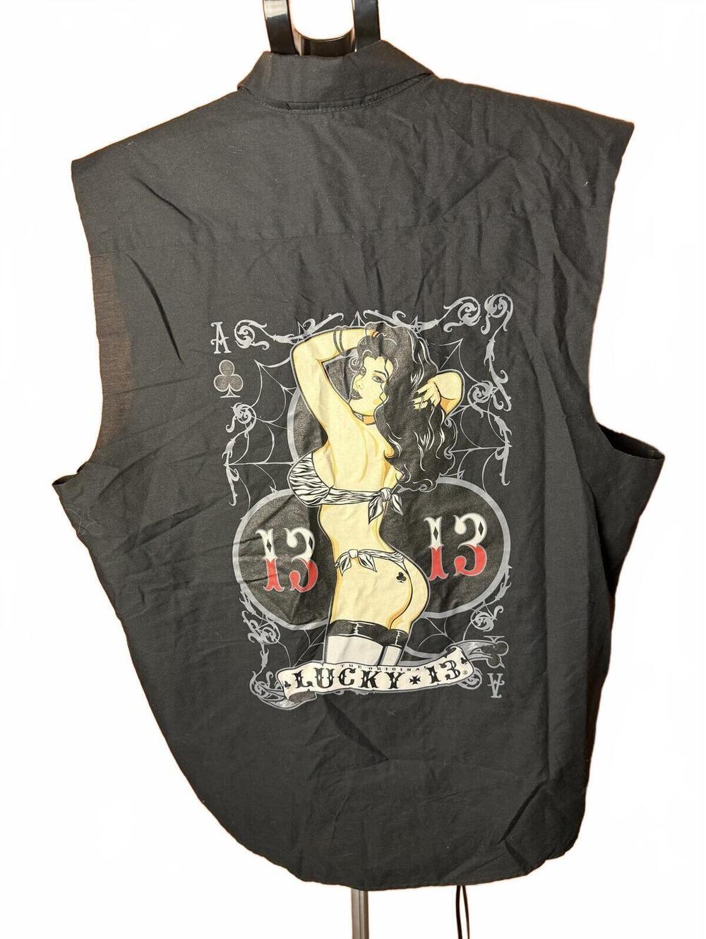Lucky 13 Sleeveless Button-Up Shirt w pin up girl sz XL extra large mens vintage